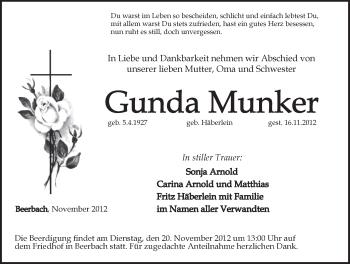 Traueranzeige von Gunda Munker von Pegnitz-Zeitung